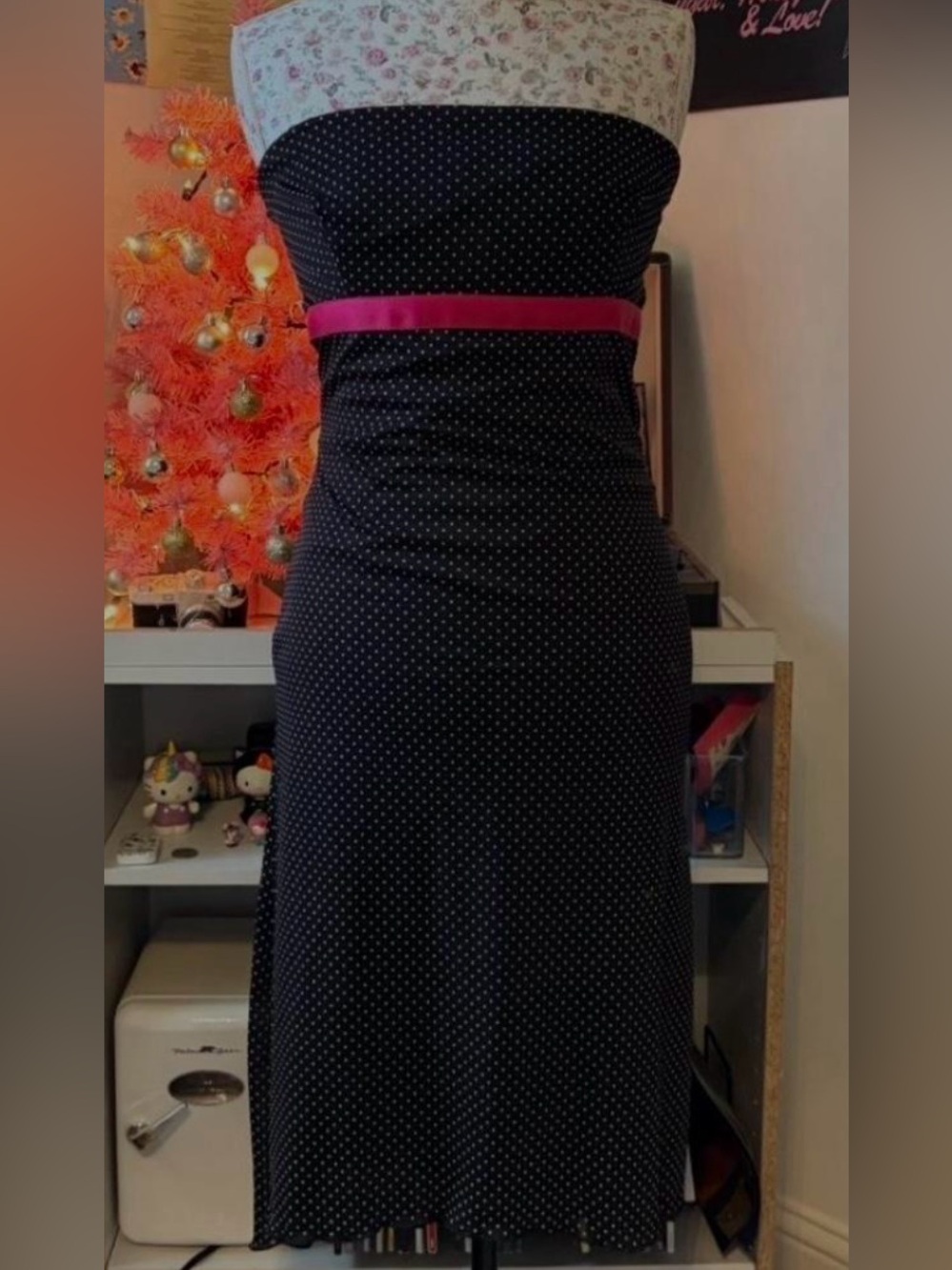 Trixxi Black Strapless Polka Dot Dress with Pink Waistband